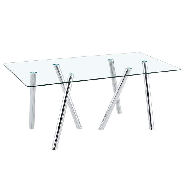 71-Inch White Tempered Glass Dining Table with Sturdy Metal Legs, Transparent and Safe for Home or Restaurant Use