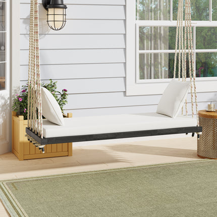 TOPMAX Patio Wooden Swing Chair, Hanging Porch Swing Bench with Cushion&Pillows, 10.8Ft Hemp Ropes for Garden,Backyard, Lawn,Brown