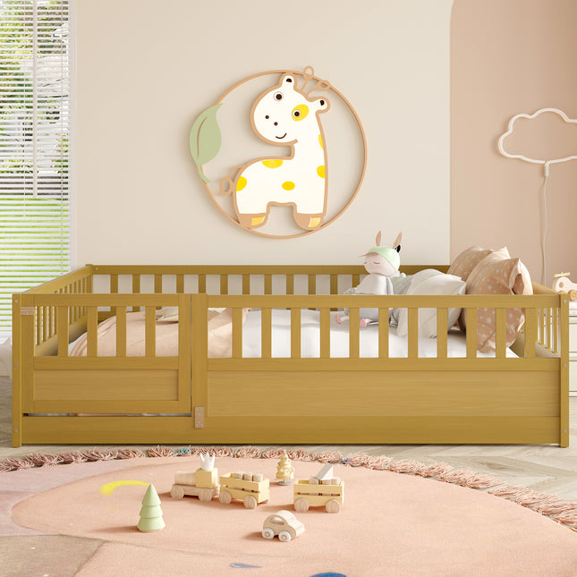 Full Size Floor bed, integral construction with super high security barrier, door, children's floor bed frame, Montessori wooden children's floor bed, Support  slat Natural Wood