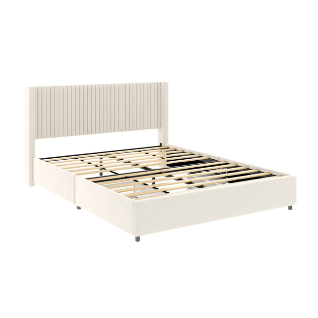 Anna Patented 2-Drawer Storage Bed Queen Size Ivory Velvet Upholstered Wingback Platform Bed