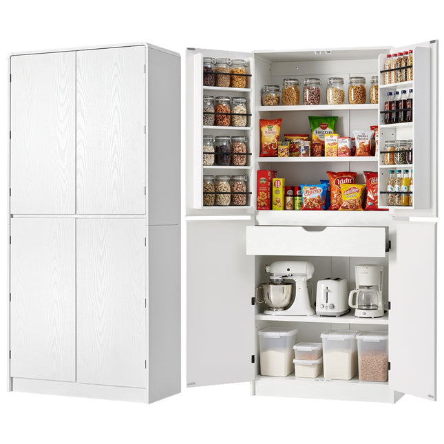 K&K 72' Tall Farmhouse Kitchen Pantry Cabinet with 8 Door Shelves, Curved Design Storage Cabinet with 3 Adjustable Shelves, Hidden Drawer, Versatile Cupboard for Kitchen, Dining & Bathroom, White