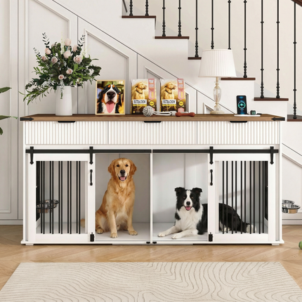 71'' Furniture Style Double Dog Crate  with 3 Fluted Drawers and Waterproof Walnut Woodgrain Tabletop,Large Dog Kennel Furniture with Type-C Power Outlet & Rotating Feeders for Heavy Duty Dogs(White)