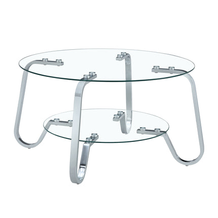 Retro Minimalist Silver Metal Frame Double-Layer Tempered Glass Coffee Table, 31.5 x 31.5 x 17.7 Inches