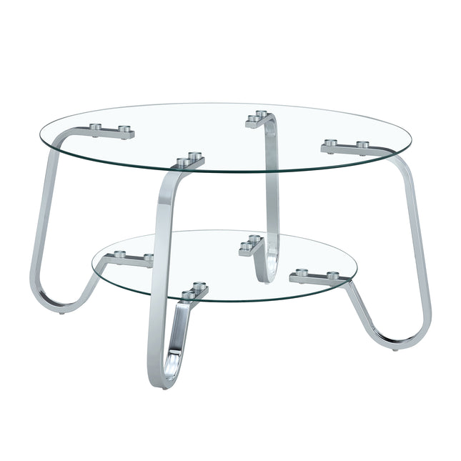 Retro Minimalist Silver Metal Frame Double-Layer Tempered Glass Coffee Table, 31.5 x 31.5 x 17.7 Inches