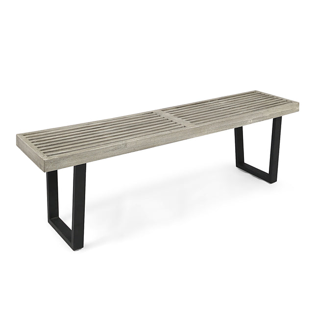 Intrinsic Outdoor Dining Bench with Iron Legs and Slat Top, Black+ Gray