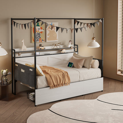 Modern Twin-size Bed with 3 Under-bed Storage Drawers, LED Lights and a Charging Station,White