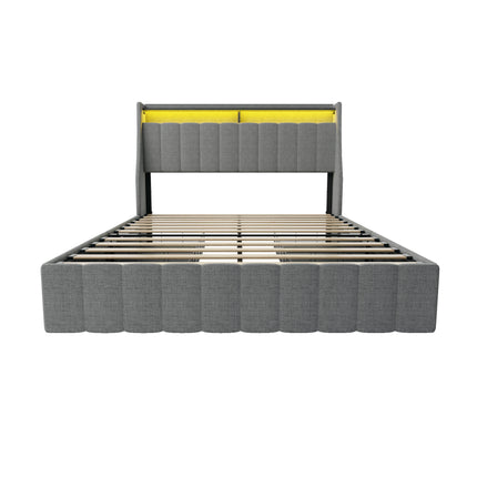 Contemporary Queen Size Bed Frame with LED Lighting, Winged Headboard, Light Grey Upholstered with Storage Drawers