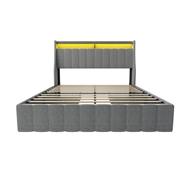 Contemporary Queen Size Bed Frame with LED Lighting, Winged Headboard, Light Grey Upholstered with Storage Drawers