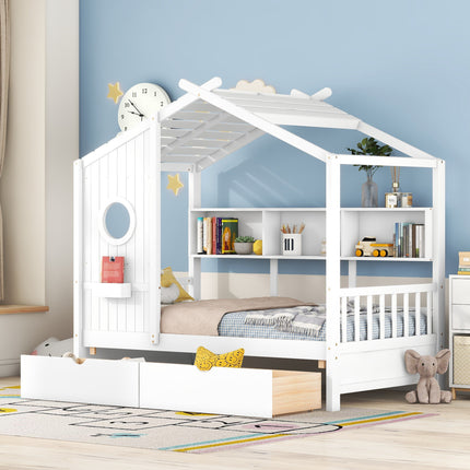 Wooden Twin Size House Bed with 2 Drawers