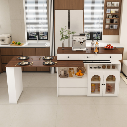 Kitchen Island with Extendable & Rotating Table, MDF with Walnut Veneer Retro Design, 4 Drawers & Glass Door Cabinets with Built-in Socket, Expandable Dining Station for 2-4 Person