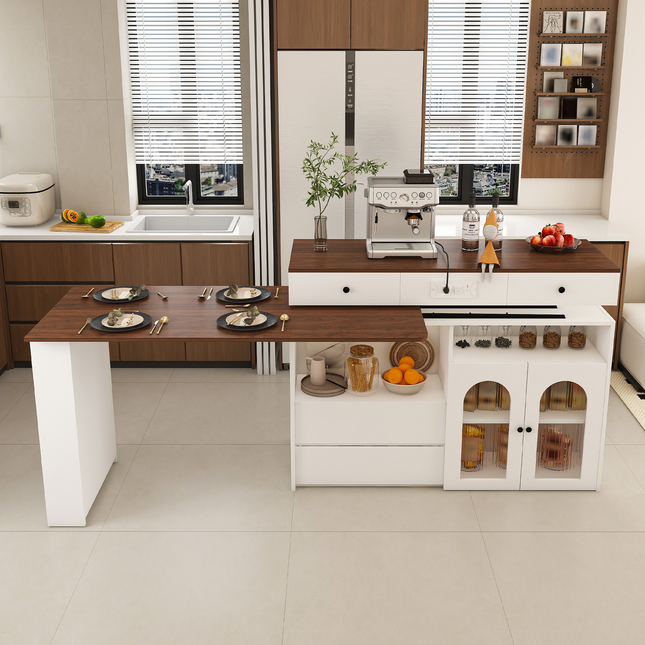 Kitchen Island with Extendable & Rotating Table, MDF with Walnut Veneer Retro Design, 4 Drawers & Glass Door Cabinets with Built-in Socket, Expandable Dining Station for 2-4 Person