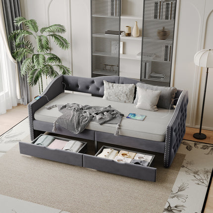 Upholstered Daybed with Storage Drawers, Wood Daybed Twin Size, with USB ports & 2 storage drawers, No Box Spring Needed, Grey