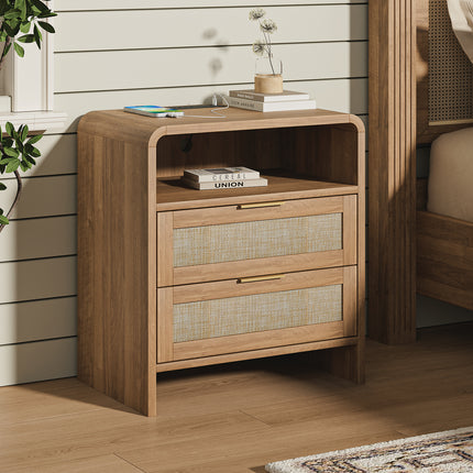 Rattan Nightstand with Charging Station, 2 Drawers & Open Shelf, 22.8' Wide Curved Wooden Bedside Table, Modern Storage for Bedroom,Caramel Oak.
