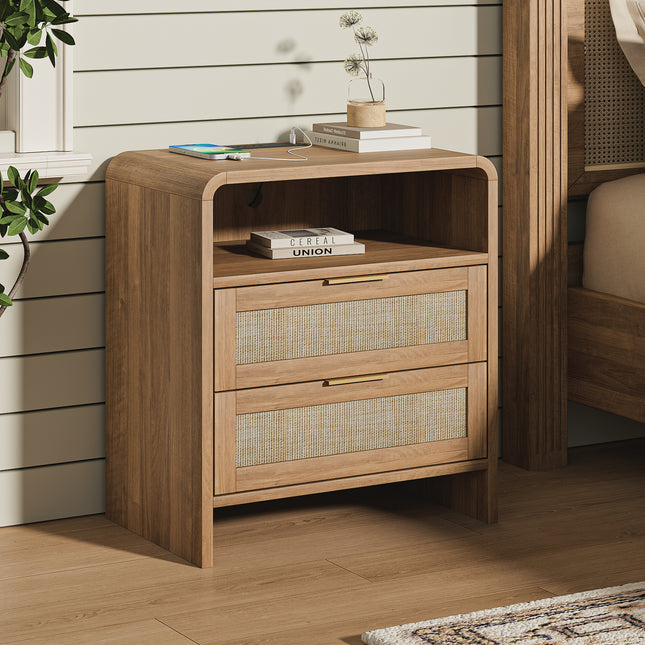 Rattan Nightstand with Charging Station, 2 Drawers & Open Shelf, 22.8' Wide Curved Wooden Bedside Table, Modern Storage for Bedroom,Caramel Oak.