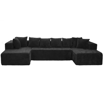 130-Inch Modular U-Shaped Sectional Sofa – 4-Seater Chaise Lounge with Reversible Design,Black Striped Corduroy Polyester Fabric