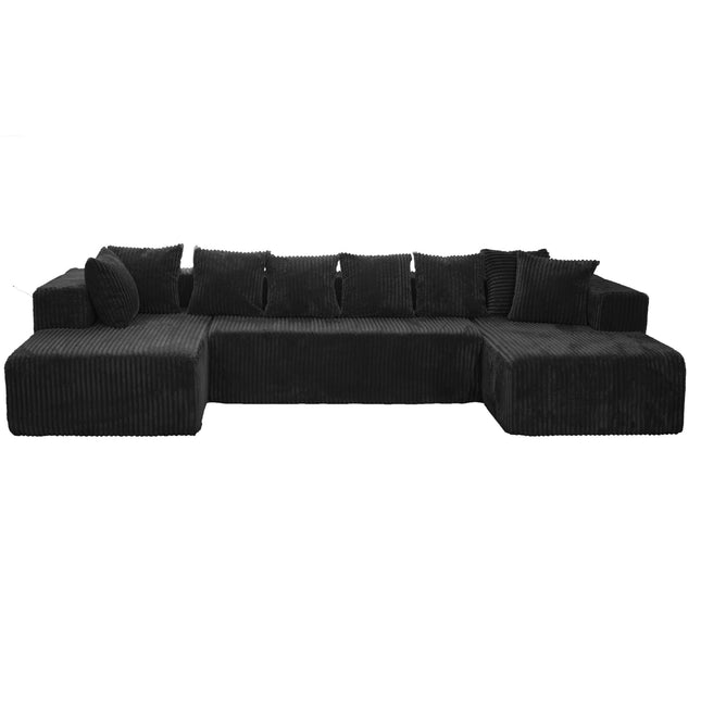 130-Inch Modular U-Shaped Sectional Sofa – 4-Seater Chaise Lounge with Reversible Design,Black Striped Corduroy Polyester Fabric