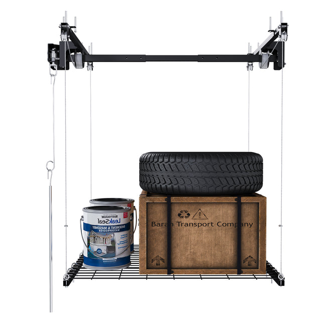 Overhead Garage Storage Rack 4x4 FT for High Ceilings 10-12 FT, 250LBS Capacity All-Steel Construction with Safety Lock, Black Carbon Steel