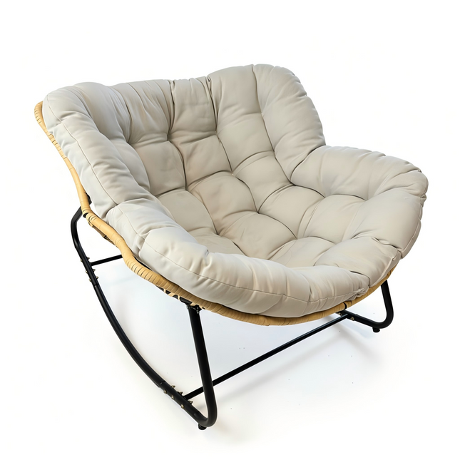 Larger Outdoor Rocking Chair, Patio Egg Rocking Chair, Indoor Papasan Chair, Rattan Wicker Lounge Chair, Modern Royal Chair for Bedroom, Living Room, Porch, Garden,Lawn-Beige