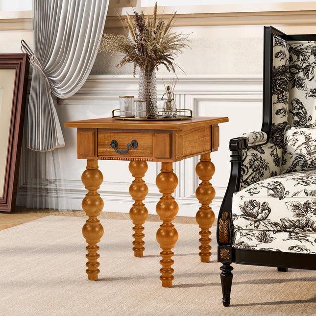 Solid Wood End Table with Drawer, Easy Assembly Vintage Narrow Sofa Side Table for Living Room, Natural