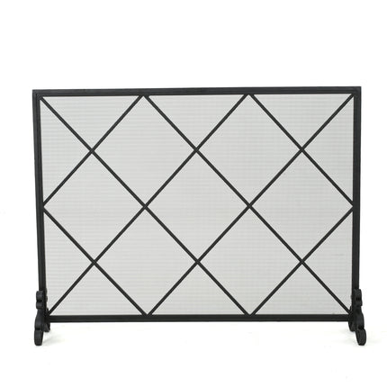 Minimalist Single Panel Iron Fireplace Screen with Diamond Design in Black