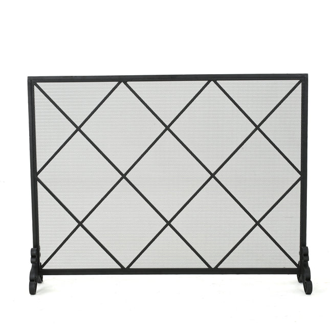 Minimalist Single Panel Iron Fireplace Screen with Diamond Design in Black