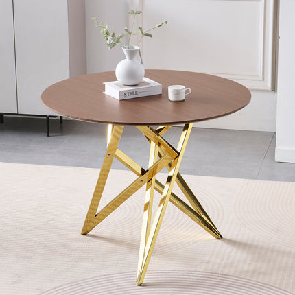 37Inch Round Dining Table, Small Round Kitchen Table With Golden Metal Legs, Suitable For 2 To 4 People, Modern Dining Room Table, Brown, Walnut Color.