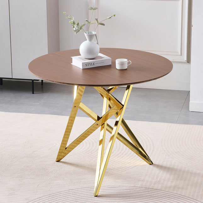 37Inch Round Dining Table, Small Round Kitchen Table With Golden Metal Legs, Suitable For 2 To 4 People, Modern Dining Room Table, Brown, Walnut Color.