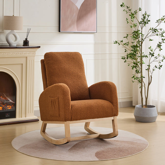 27.2'W Rocking Chair for Nursery, Sherpa Glider Chair with High Back and Side Pocket, Rocking Accent Armchair with Rubber Wood Legs for Living Room/Bedroom.Caramel