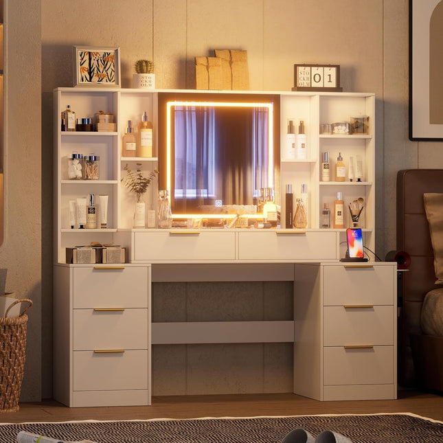 Makeup Vanity Desk with Mirror and Lights, 59' Large Vanity Table with 8Drawers & Open Storage Shelves, Brightness Adjustable, Dressing Table for Bedroom, Women and Girl