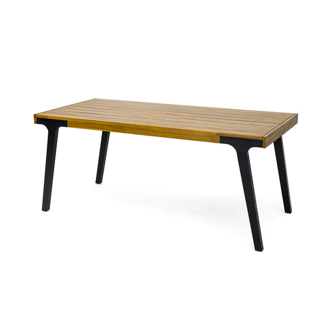 Acacia Wood Patio Dining Table, 69'L Rectangle Outdoor Table, Teak Finish and Black Leg