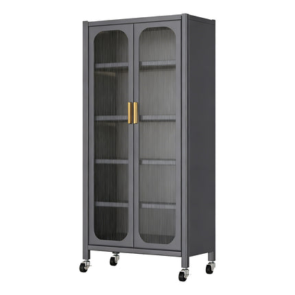 65'  Metal 6-Tier Storage Cabinet with Transparent Door, Adjustable Shelves & Wheels, for Kitchen Pantry Organization, Gray Metal