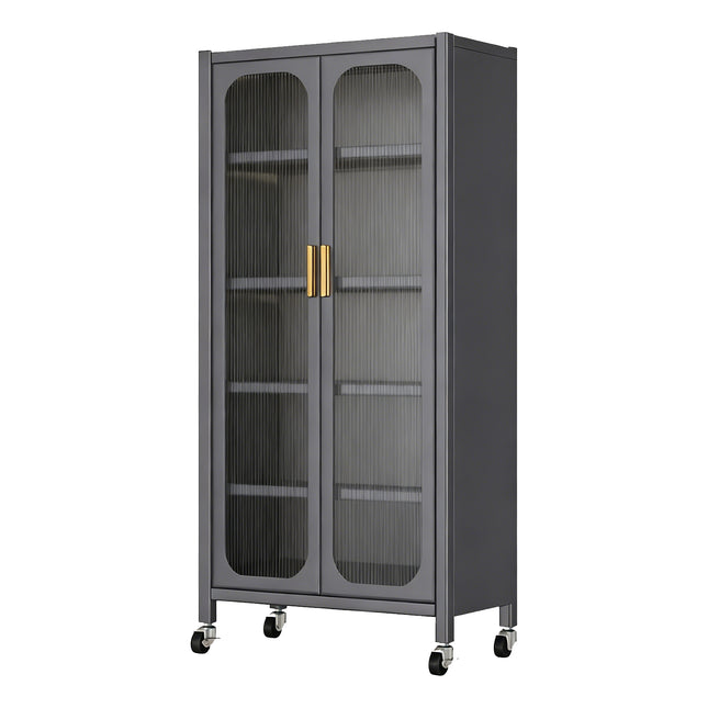65'  Metal 6-Tier Storage Cabinet with Transparent Door, Adjustable Shelves & Wheels, for Kitchen Pantry Organization, Gray Metal