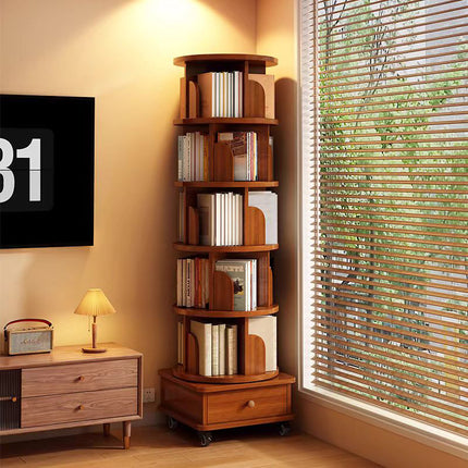 (UPGRADED) Rotating Bookshelf, 360 Display Corner Bookshelf for Small Space, 6 Tier Bookcase Storage Rack with Wheels, Wood Narrow Organizer for Bedroom, Living Room, Study Room, Walnut Brown ( Xmas )