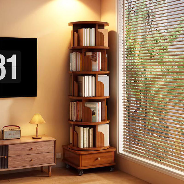 (UPGRADED) Rotating Bookshelf, 360 Display Corner Bookshelf for Small Space, 6 Tier Bookcase Storage Rack with Wheels, Wood Narrow Organizer for Bedroom, Living Room, Study Room, Walnut Brown ( Xmas )