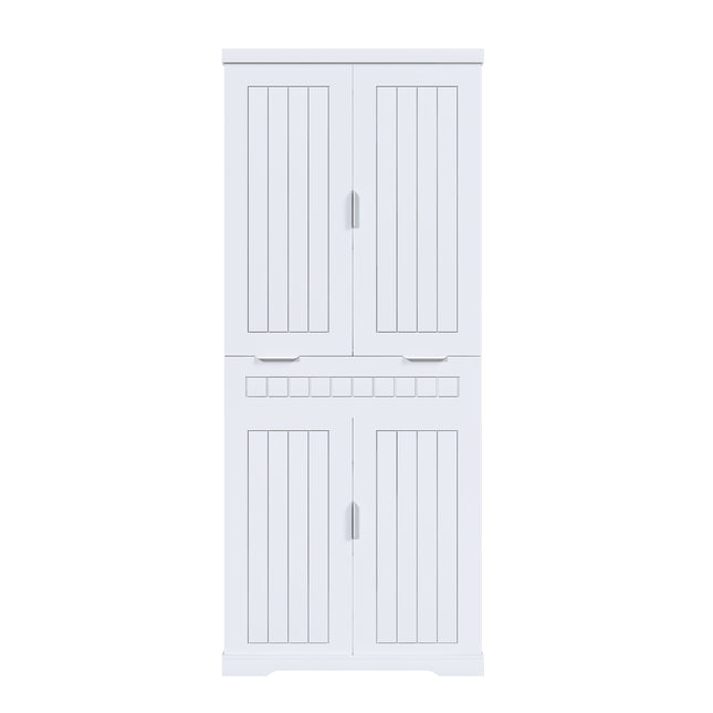 Farmhouse Style White Pantry Cabinet with Drawer, 2 Cabinets & 6 Door Shelves, Adjustable Shelves, Freestanding Cupboard