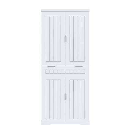 Farmhouse Style White Pantry Cabinet with Drawer, 2 Cabinets & 6 Door Shelves, Adjustable Shelves, Freestanding Cupboard