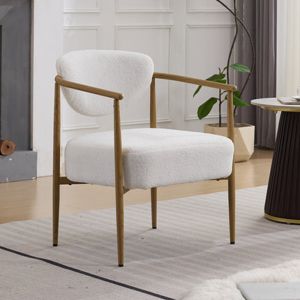 White teddy velvet dining room chair, living room chair, bedroom chair, velvet cover with foam back and seat,soft and comfortable seating, metal frame with water transfer pringting, wood grain visual