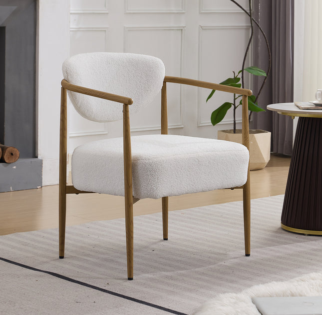 White teddy velvet dining room chair, living room chair, bedroom chair, velvet cover with foam back and seat,soft and comfortable seating, metal frame with water transfer pringting, wood grain visual
