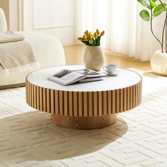 35.43'' Nesting Round Sintered Stone Tabletop Modern Drum Coffee Table Luxury Circle Coffee Table for Apartment ASH