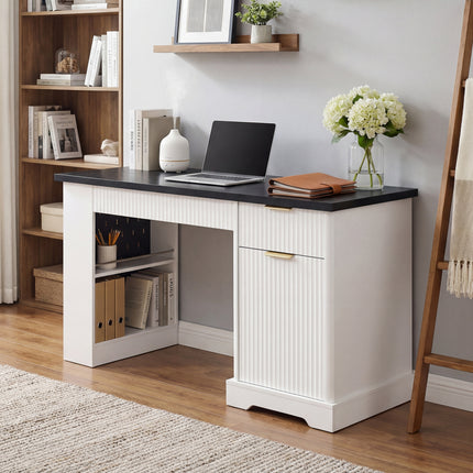 55' Modern Fluted Office Desk with Storage Cabinet & Drawers, Computer Writing Desk with Power Outlet, Pegboard, Built-in Shelves and Keyboard Tray for Study, Living Room, Home Office, White