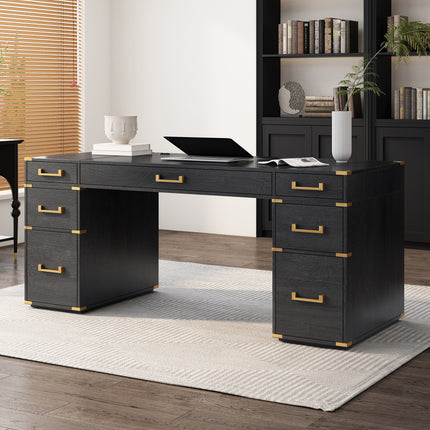 70' Extra-Large Classic and Traditional Executive Desk with Metal Edge Trim ,Writing Desk with 2 file drawers,USB Ports and Outlets,Desk with Hidden Compartment for Living Room,Home Office,Study Room,