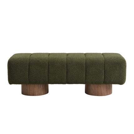Upholstered Dining Bench for Dining Room, No-Assembly End of Bed Entryway Bench Ottoman for Bedroom Living Room, Green Boucle Fabric Stool Top Wood Leg 300 LBS Weight Capacity