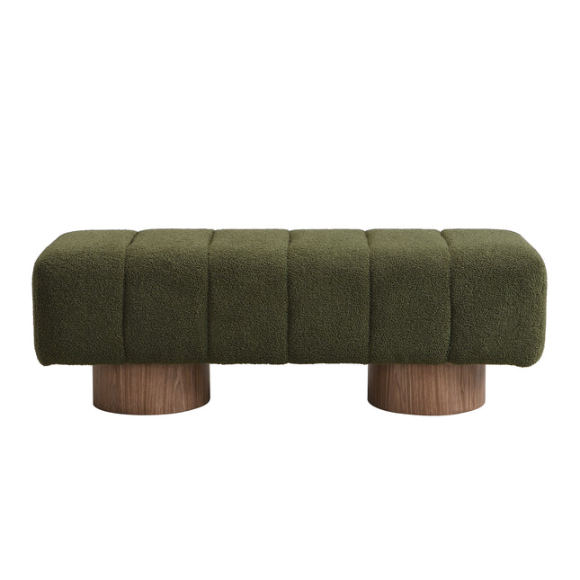 Upholstered Dining Bench for Dining Room, No-Assembly End of Bed Entryway Bench Ottoman for Bedroom Living Room, Green Boucle Fabric Stool Top Wood Leg 300 LBS Weight Capacity