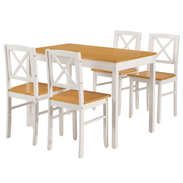 5-Piece Rubberwood Kitchen Dining Table Set with 4 Chairs, Natural White Space-Saving Table and Chair Set for Small Spaces, Apartment, Dining Room, Restaurant - Easy to Clean Smooth Solid Wood Surface