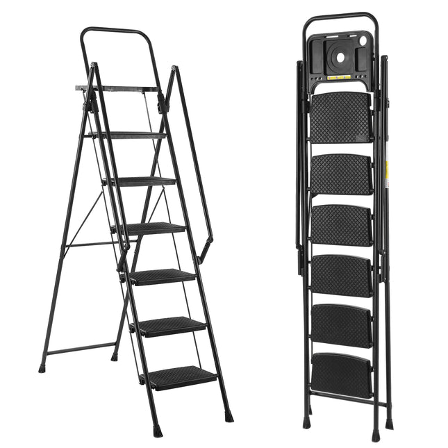 Folding step stool with bandwidth anti slip pedals and tool trays, lightweight and portable steel step stool, perfect for kitchen and home, indoor and outdoor use, sturdy steel steps (6 levels)