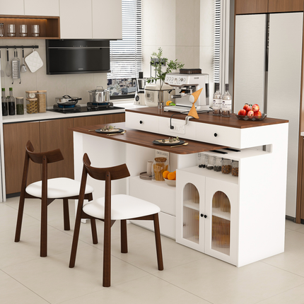 Kitchen Island Set with 2 Solid Wood Chairs, Extendable & Rotating Table, MDF with Walnut Veneer Retro Design, 4 Drawers & Glass Door Cabinets, Expandable Dining Station for 2-4 Person
