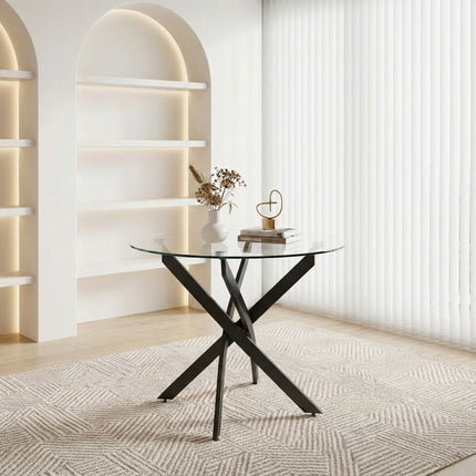 Round Dining Table, 35.5' Glass Dining Table with Black Legs, Modern Kitchen Table for Home Kitchen, Dining Room