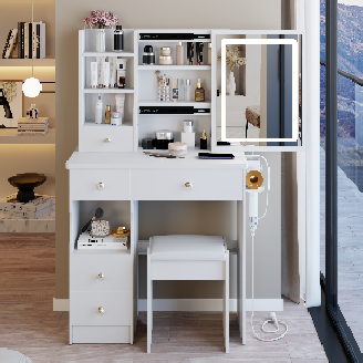 29.2' Small Size Left Drawer Desktop Vanity Table + Cushioned Stool, 2 AC+2 USB Power Station, Hair dryer bracket, Extra Large Touch Control Sliding LED Mirror, Tri-color Switching, Brightness Adjust