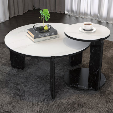 Set of 2 Round Nesting Coffee Table for Small Place, living room end table with white sintered stone top, 32.68' + 16.93' diameter Side Table Night Stand for Bed Room Dining Room, 83+ 43 cm sofa table