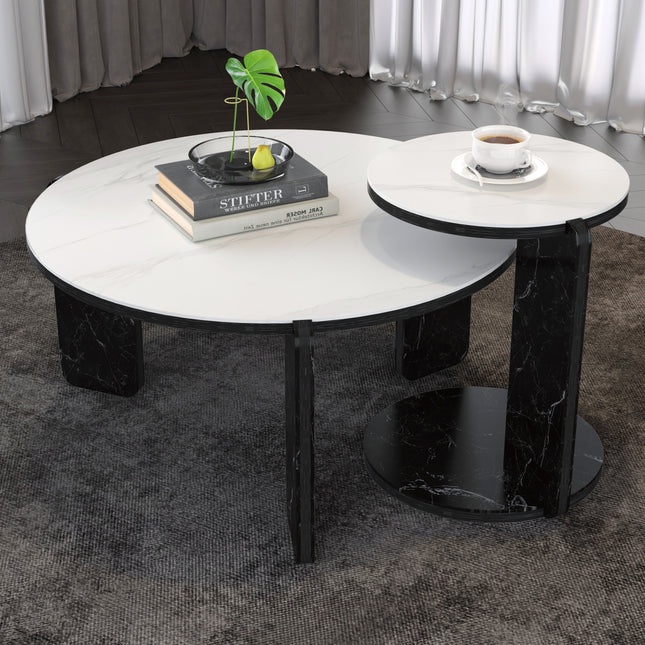 Set of 2 Round Nesting Coffee Table for Small Place, living room end table with white sintered stone top, 32.68' + 16.93' diameter Side Table Night Stand for Bed Room Dining Room, 83+ 43 cm sofa table